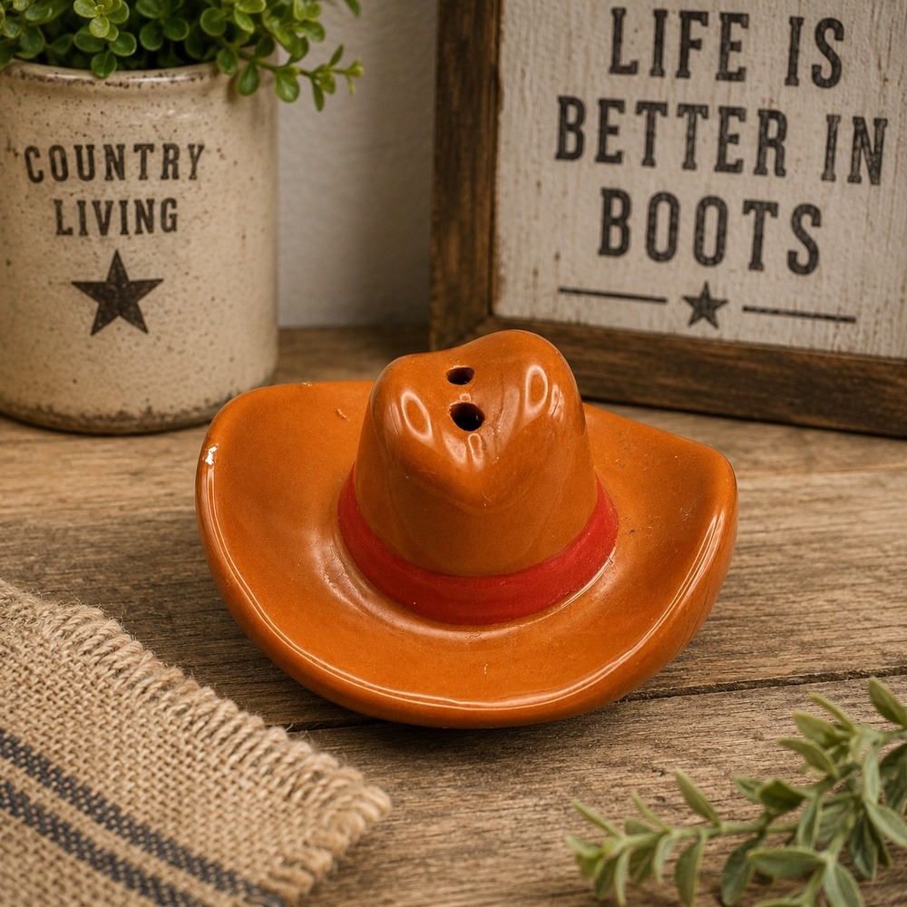 Vintage Cowboy Hat Ceramic Salt Pepper Shaker Brown Red Band Western Decor